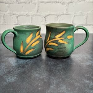 Studio Pottery "Beena" Tea Coffee Mugs Green Ceramic Botanical Print